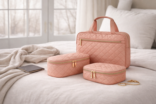 Rose gold quilted travel trio styled on neutral linen bedding in soft late-winter light